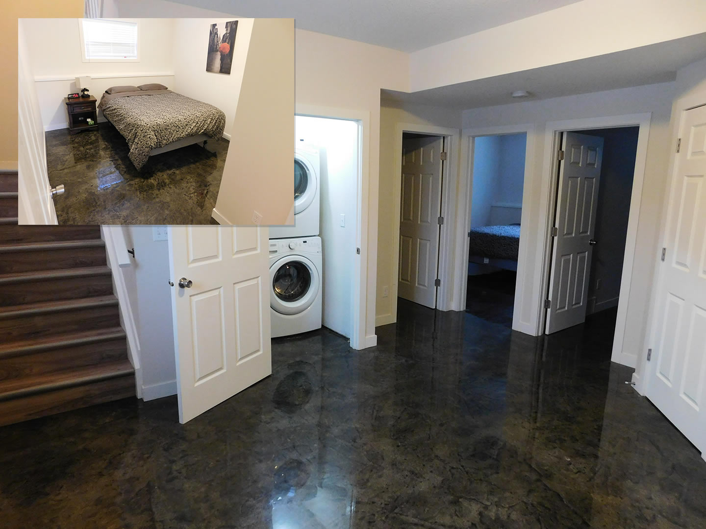 Finished and furnished basement; bedroom image inset